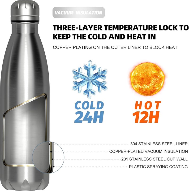 WATERSY Stainless Steel water bottles,17oz/500ml Insulated Water Bottles,Sliver metal water bottle Keeps Drink Cold and Hot,BPA Free kids water bottles for School,Gym,Travel,Sports - Image 2
